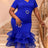 AOMEIDRESS Mermaid Dresses V Neck Waist Cinching Tiered Ruffles Hem - Blue / S