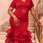 AOMEIDRESS Mermaid Dresses V Neck Waist Cinching Tiered Ruffles Hem - Red / S