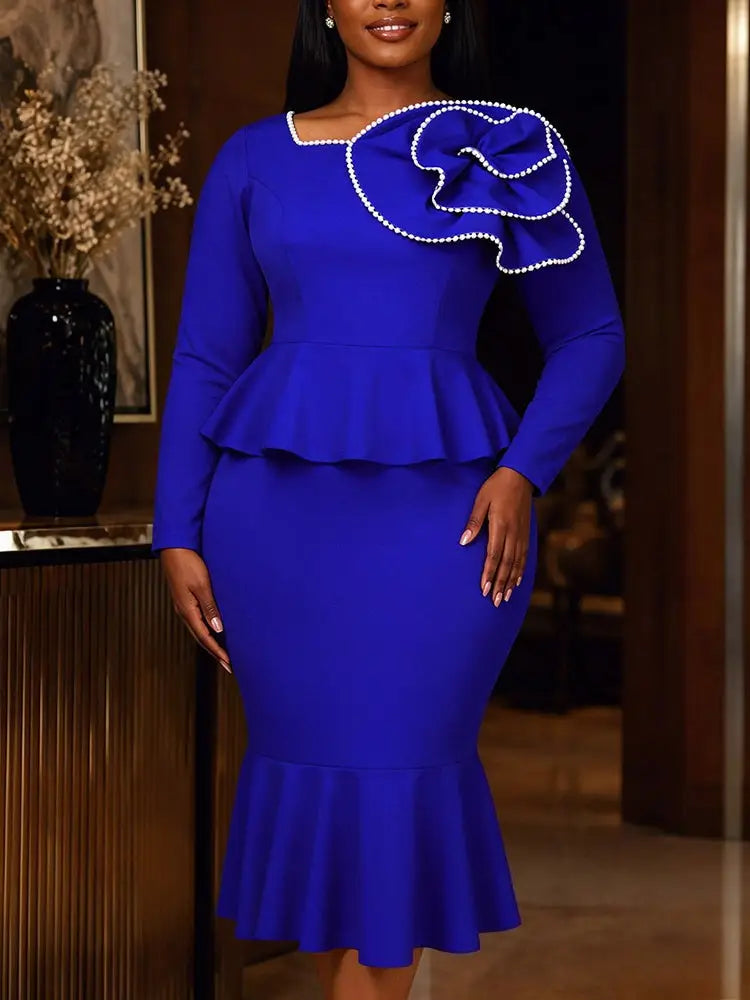 AOMEIDRESS Mermaid Midi Dress Long Sleeves 3D Flower Peplum Ruffle - Blue / 0XL