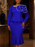 AOMEIDRESS Mermaid Midi Dress Long Sleeves 3D Flower Peplum Ruffle - Blue / 0XL