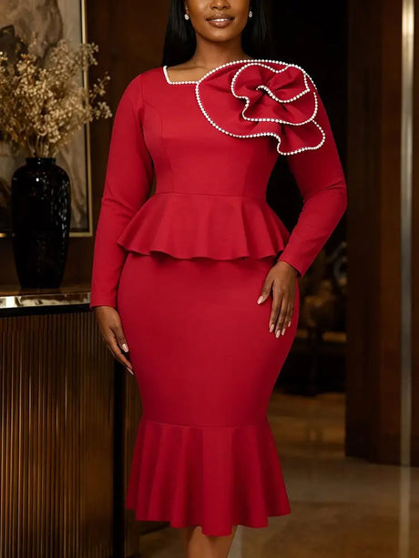 AOMEIDRESS Mermaid Midi Dress Long Sleeves 3D Flower Peplum Ruffle - Red / 0XL