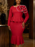 AOMEIDRESS Mermaid Midi Dress Long Sleeves 3D Flower Peplum Ruffle - Red / 0XL