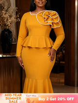 AOMEIDRESS Mermaid Midi Dress Long Sleeves 3D Flower Peplum Ruffle - Yellow / 0XL