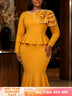 AOMEIDRESS Mermaid Midi Dress Long Sleeves 3D Flower Peplum Ruffle - Yellow / 0XL