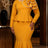 AOMEIDRESS Mermaid Midi Dress Long Sleeves 3D Flower Peplum Ruffle - Yellow / 0XL