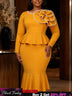 AOMEIDRESS Mermaid Midi Dress Long Sleeves 3D Flower Peplum Ruffle - Yellow / 0XL