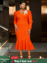 AOMEIDRESS Mermaid V Neck Party Dress 3D Embroidery Flower Puff Sleeve Orange / S