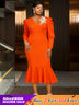 AOMEIDRESS Mermaid V Neck Party Dress 3D Embroidery Flower Puff Sleeve Orange / S