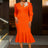 AOMEIDRESS Mermaid V Neck Party Dress 3D Embroidery Flower Puff Sleeve Orange / S