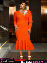 AOMEIDRESS Mermaid V Neck Party Dress 3D Embroidery Flower Puff Sleeve Orange / S
