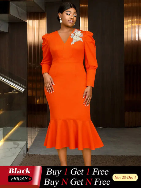 AOMEIDRESS Mermaid V Neck Party Dress 3D Embroidery Flower Puff Sleeve Orange / S