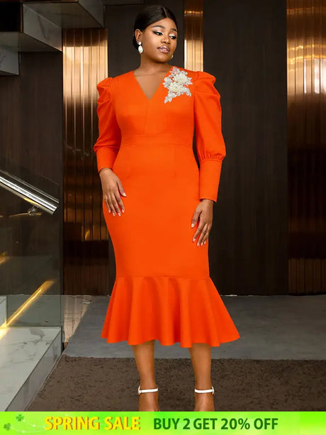 AOMEIDRESS Mermaid V Neck Party Dress 3D Embroidery Flower Puff Sleeve Orange / S