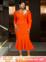 AOMEIDRESS Mermaid V Neck Party Dress 3D Embroidery Flower Puff Sleeve Orange / S