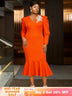 AOMEIDRESS Mermaid V Neck Party Dress 3D Embroidery Flower Puff Sleeve Orange / S