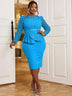 AOMEIDRESS Midi Dress O Neck Lace Patchwork Hollow Out Long Sleeves Blue / S