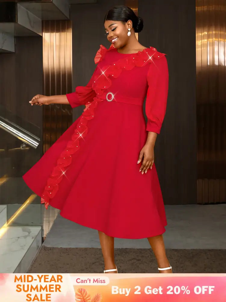 Elegant midi wedding guest dresses with ruffle lantern sleeves A-line fit Perfect for plus size wedding guest dresses or maternity wedding guest outfit

