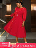 Elegant midi wedding guest dresses with ruffle lantern sleeves A-line fit Perfect for plus size wedding guest dresses or maternity wedding guest outfit

