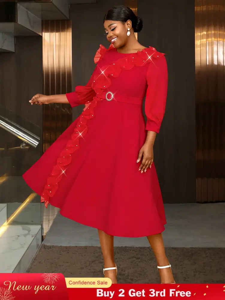 Elegant midi wedding guest dresses with ruffle lantern sleeves A-line fit Perfect for plus size wedding guest dresses or maternity wedding guest outfit

