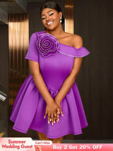 Stylish mini wedding guest dresses with a one shoulder flower skirt design perfect as a line wedding guest dresses or birthday clothes for women.









