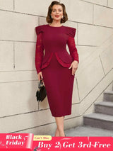 AOMEIDRESS Mothers Day Outfits Lace Patchwork Long Sleeve Dress Wine / S