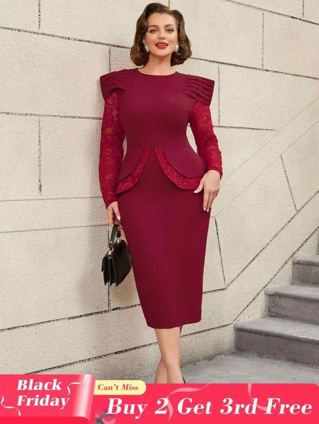 AOMEIDRESS Mothers Day Outfits Lace Patchwork Long Sleeve Dress Wine / S