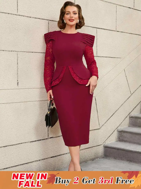AOMEIDRESS Mothers Day Outfits Lace Patchwork Long Sleeve Dress Wine / S