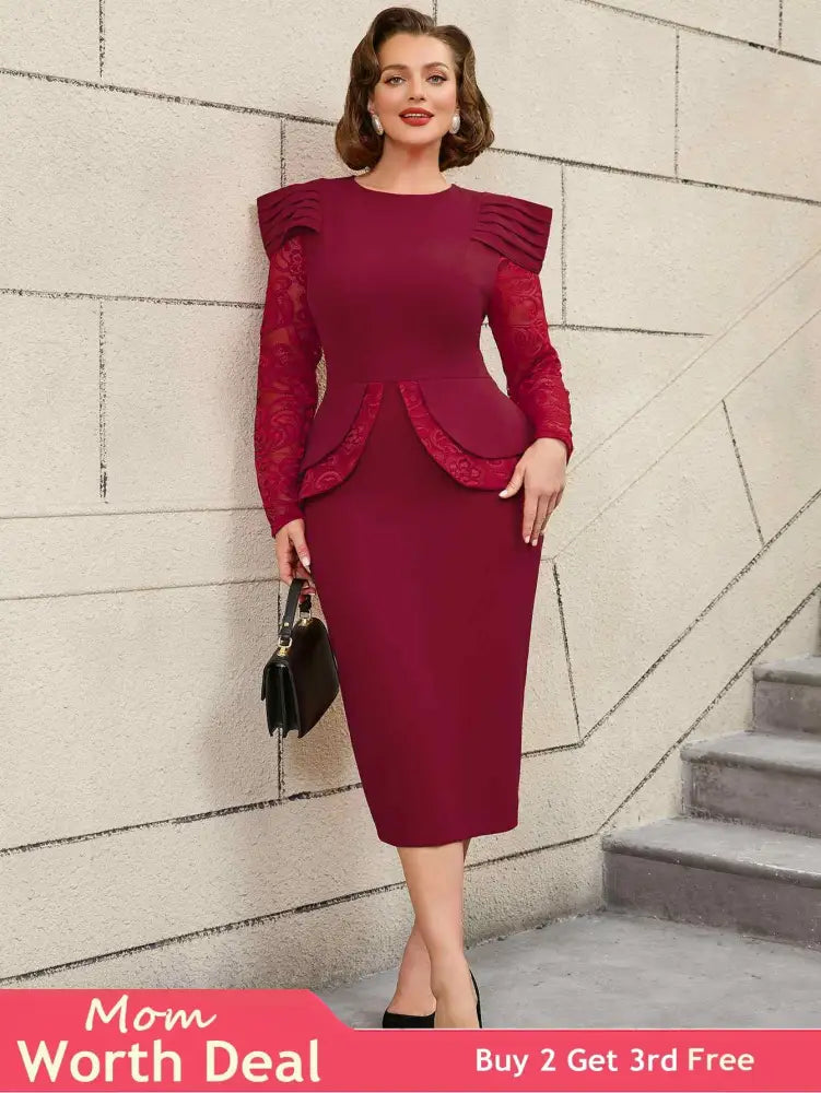 AOMEIDRESS Mothers Day Outfits Lace Patchwork Long Sleeve Dress Wine / S
