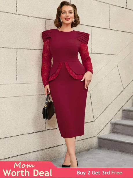 AOMEIDRESS Mothers Day Outfits Lace Patchwork Long Sleeve Dress Wine / S