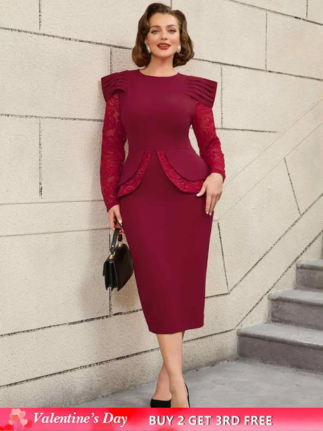 AOMEIDRESS Mothers Day Outfits Lace Patchwork Long Sleeve Dress Wine / S