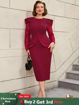 AOMEIDRESS Mothers Day Outfits Lace Patchwork Long Sleeve Dress Wine / S