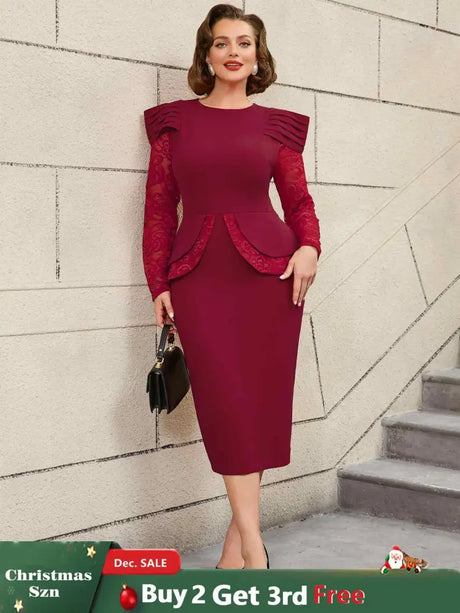 AOMEIDRESS Mothers Day Outfits Lace Patchwork Long Sleeve Dress Wine / S