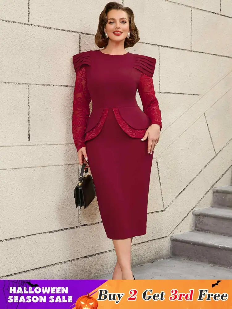 AOMEIDRESS Mothers Day Outfits Lace Patchwork Long Sleeve Dress Wine / S