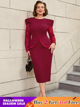 AOMEIDRESS Mothers Day Outfits Lace Patchwork Long Sleeve Dress Wine / S