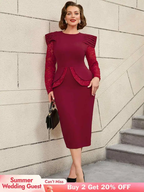 AOMEIDRESS Mothers Day Outfits Lace Patchwork Long Sleeve Dress Wine / S