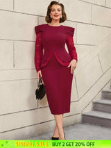 AOMEIDRESS Mothers Day Outfits Lace Patchwork Long Sleeve Dress Wine / S