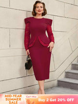 AOMEIDRESS Mothers Day Outfits Lace Patchwork Long Sleeve Dress Wine / S