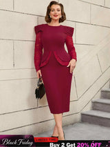 AOMEIDRESS Mothers Day Outfits Lace Patchwork Long Sleeve Dress Wine / S