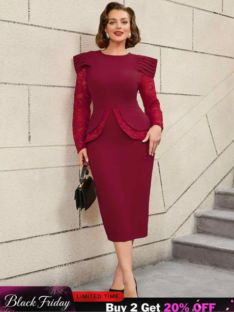 AOMEIDRESS Mothers Day Outfits Lace Patchwork Long Sleeve Dress Wine / S