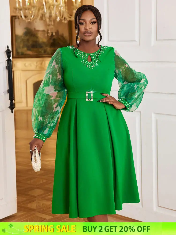 AOMEIDRESS Nail Bead A-line Dress O Neck Mesh Patchwork Bubble Sleeve