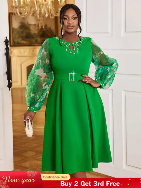 AOMEIDRESS Nail Bead A-line Dress O Neck Mesh Patchwork Bubble Sleeve