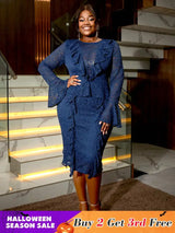 AOMEIDRESS Navy Lace Dress for O Neck See Thorugh Long Flare Sleeve
