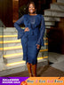 AOMEIDRESS Navy Lace Dress for O Neck See Thorugh Long Flare Sleeve
