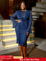 AOMEIDRESS Navy Lace Dress for O Neck See Thorugh Long Flare Sleeve
