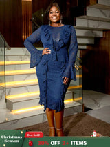 AOMEIDRESS Navy Lace Dress for O Neck See Thorugh Long Flare Sleeve
