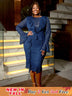 AOMEIDRESS Navy Lace Dress for O Neck See Thorugh Long Flare Sleeve
