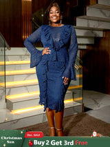 AOMEIDRESS Navy Lace Dress for O Neck See Thorugh Long Flare Sleeve
