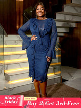 AOMEIDRESS Navy Lace Dress for O Neck See Thorugh Long Flare Sleeve
