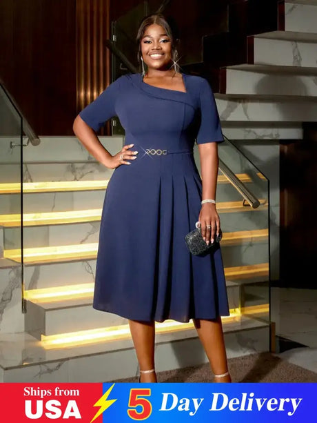 AOMEIDRESS A Line Dress Navy Asymmetrical Neck Short Sleeve Pleated Navy / S