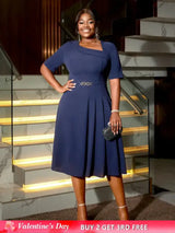 AOMEIDRESS A Line Dress Navy Asymmetrical Neck Short Sleeve Pleated Navy / S