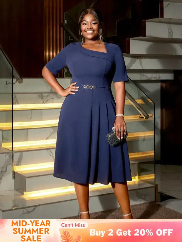 AOMEIDRESS A Line Dress Navy Asymmetrical Neck Short Sleeve Pleated Navy / S